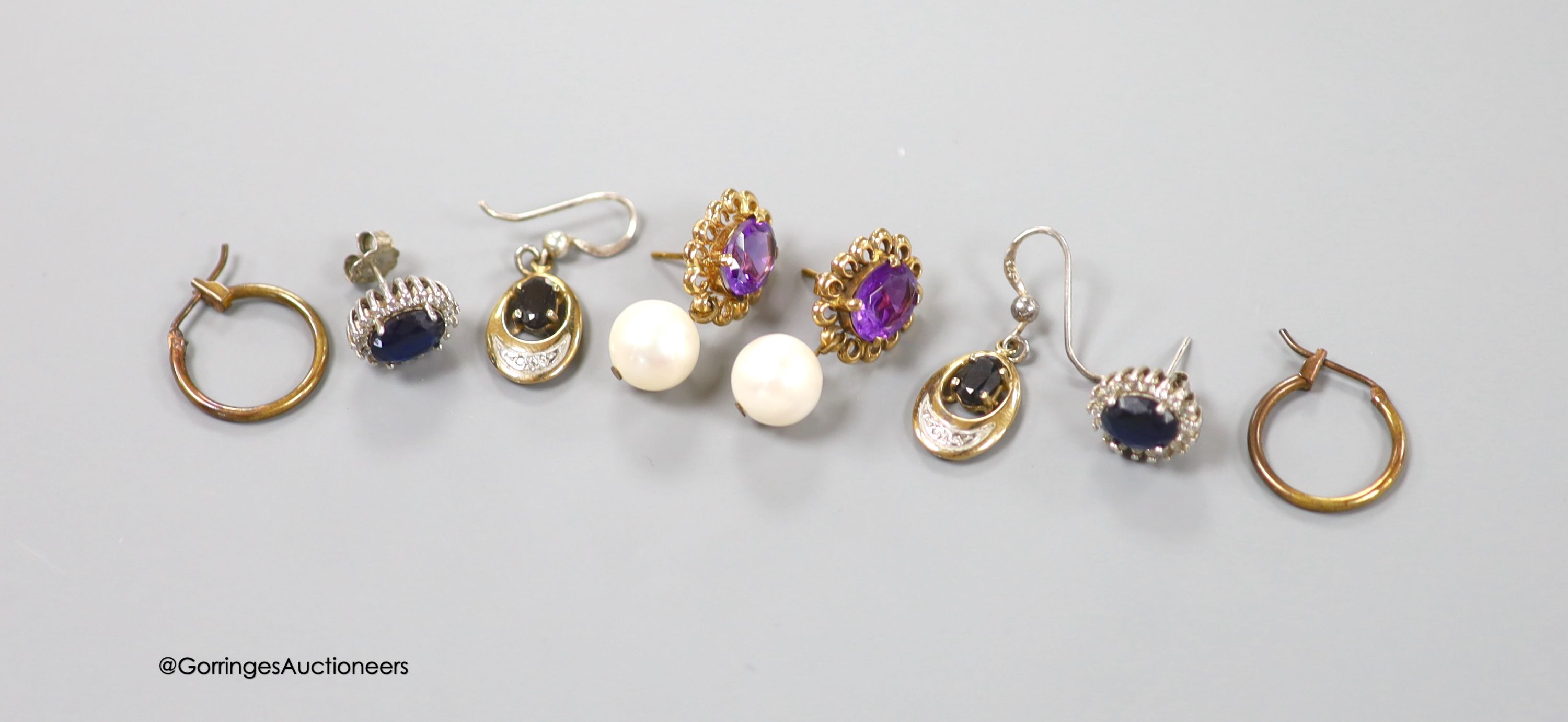 A pair of 9ct gold, amethyst and cultured pearl set drop earrings, 26mm and three other pairs of earrings.